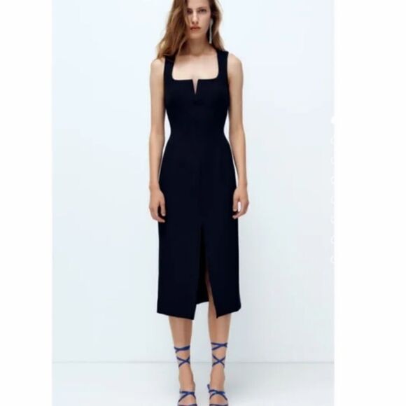 Zara  SLIM Black DRESS WITH SQUARE NECKLINE Sz-Small - Picture 1 of 16